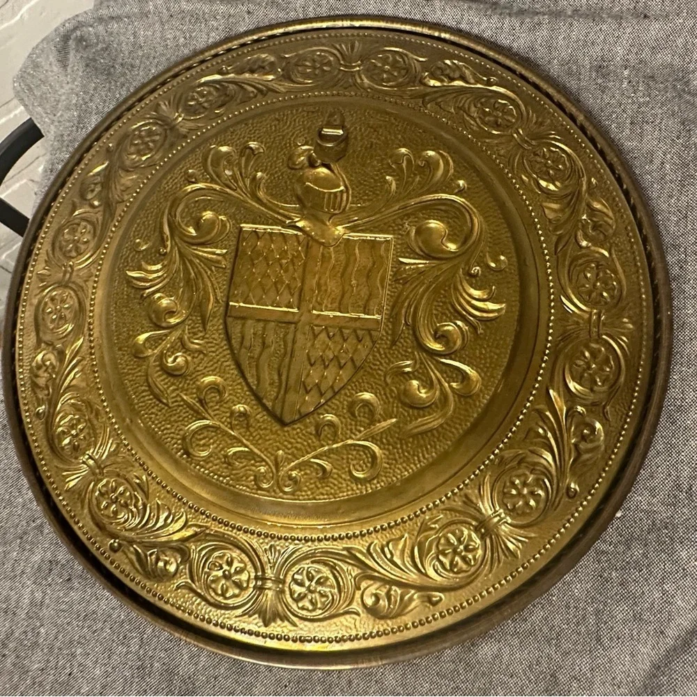Elegant Brass / White Shield Coat of Arms Wall Plaques. Set of 2